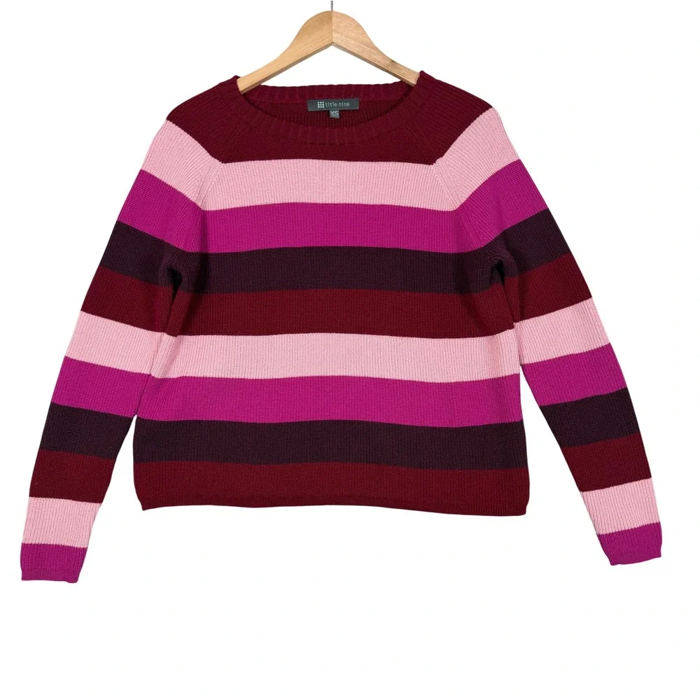 Title Nine Womens Offsite Striped Crew Neck Sweater Pink‎ Burgundy XS Outdoor
